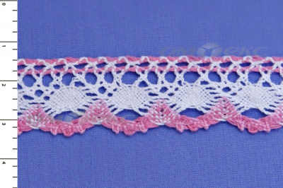 Тесьма плетеная кружевная "ЛЕН" 25мм/розовый-белый - купить в Сызрани. Цена: 26.41 руб.